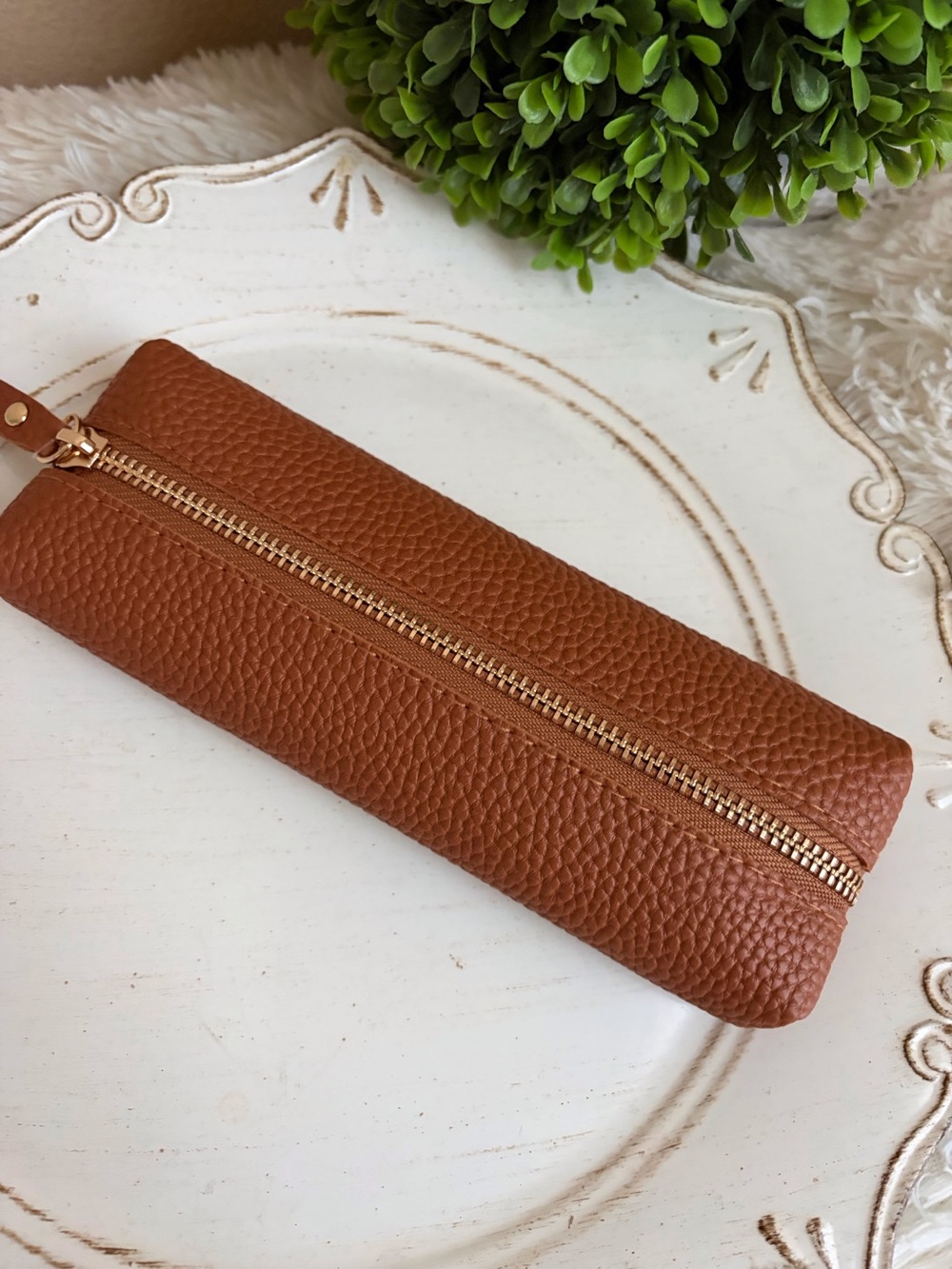 Faux leather brown Zipper Pouch